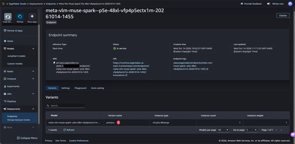 Muse Spark Open endpoint showing InService status in the SageMaker AI console