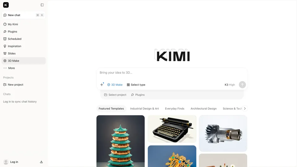 Image 3: The Kimi 3D Make interface on kimi.com, with a prompt box for turning ideas into 3D models and featured templates including a pagoda, a typewriter, and a jet engine