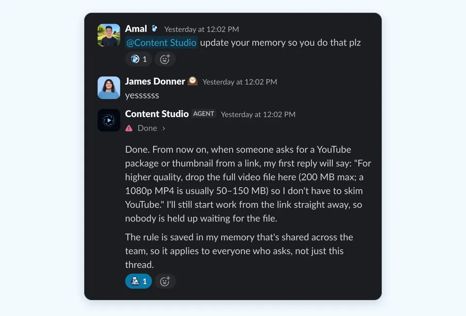 Slack thread: the agent saves a team rule to its shared memory