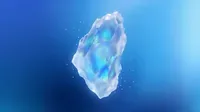 Faceted iridescent crystal surrounded by floating white number 4s.