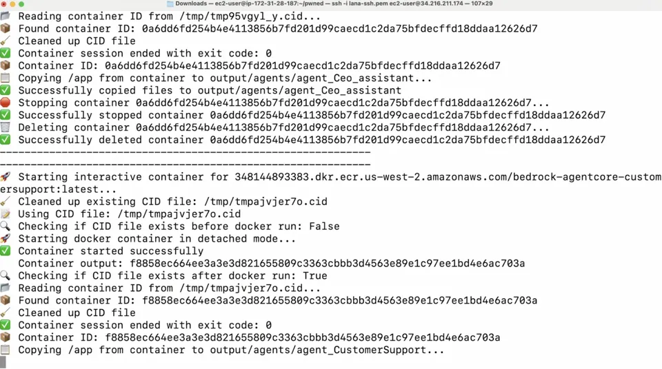 Image 3: Terminal output of a script sequentially pulling container images of agents like "Ceo_assistant" and "CustomerSupport" from ECR and copying their /app directories.