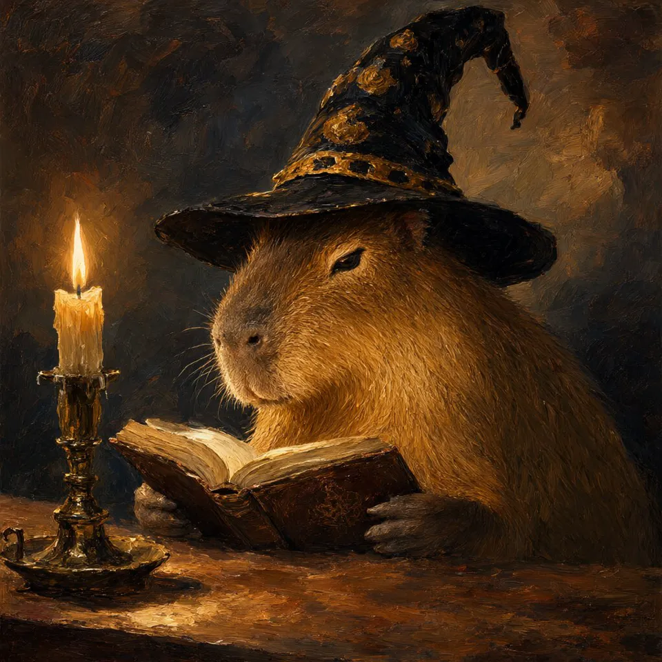 A capybara wearing a wizard hat, reading a book by candlelight, oil painting