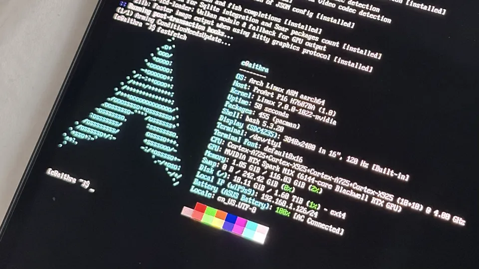 Fastfetch showing Arch Linux ARM on the ASUS ProArt P16 with an NVIDIA N1X GPU.