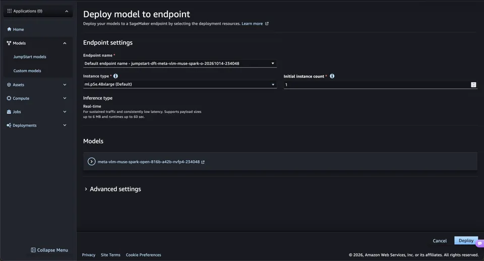 Deployment settings for the Muse Spark Open NVFP4 variant in SageMaker JumpStart