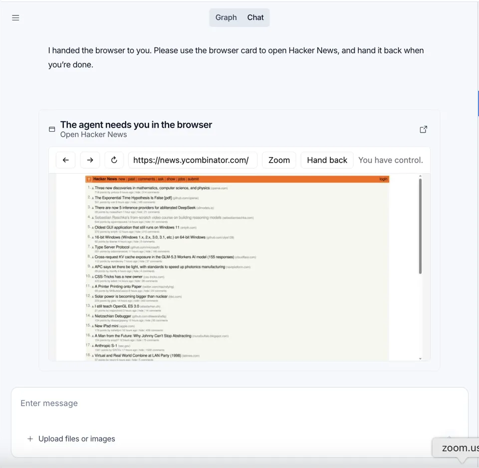 LangSmith Studio showing the agent needs you in the browser card, with an embedded browser and a Hand back button.