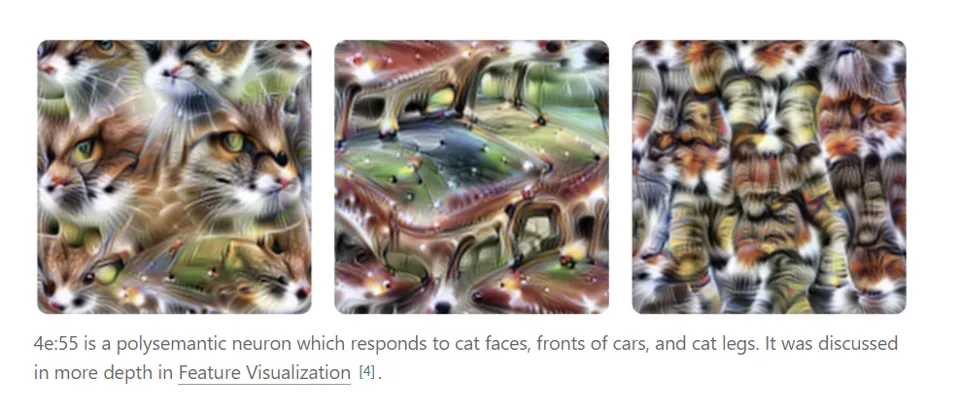 Image 1: Drei Visualisierungen eines Neurons mit wiederkehrenden Katzengesichtern, Autofronten und Katzenbeinen.